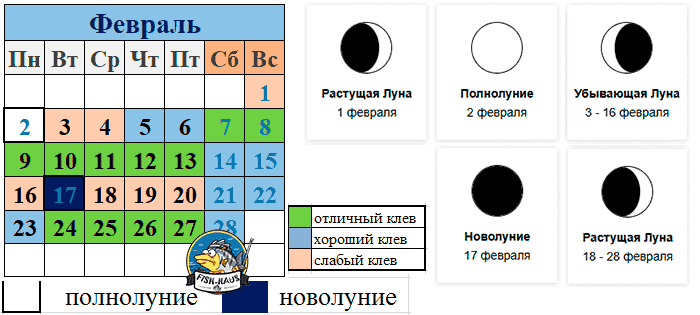 Рыболовный календарь на февраль 2026 года